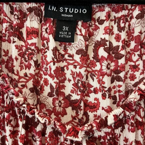 I.N. Studio Red Floral Cottage Boho Flare Sleeve Cinch Waist Top Womens Size 3X - Picture 5 of 11
